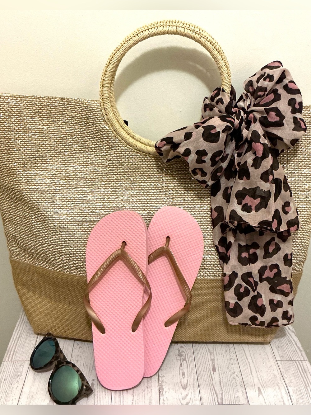 Woven Tote with Pink Flip Flops and Leopard Scarf & Blue Reflective Sunglasses